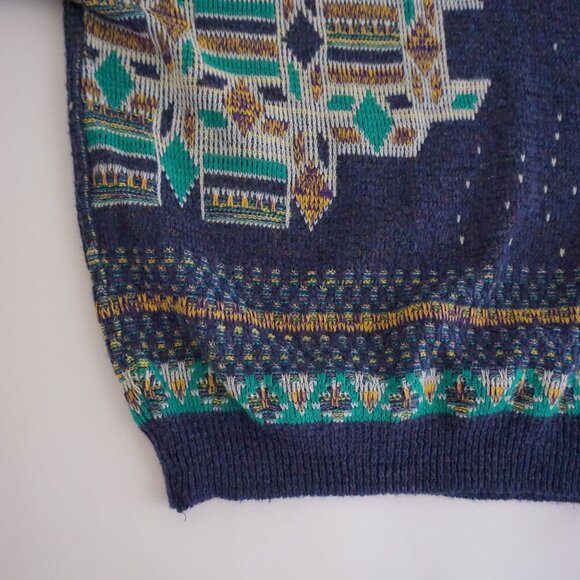 VTG '80s Koman Blue Green Biggie Cosby Eclectic Grandpa Crewneck Knit Sweater XL - Picture 8 of 10
